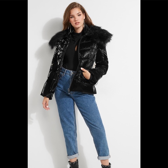 Guess Shiny Puffer Jacket Fur Collar Black S - Picture 14 of 14